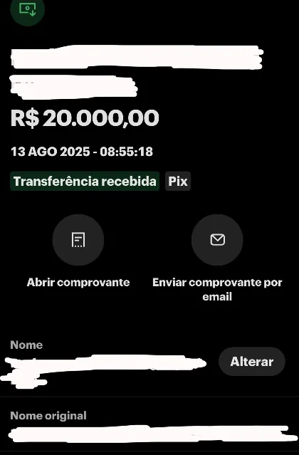 Comprovante de Pix recebido (nome ocultado)