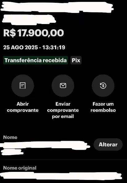 Comprovante de Pix recebido (nome ocultado)