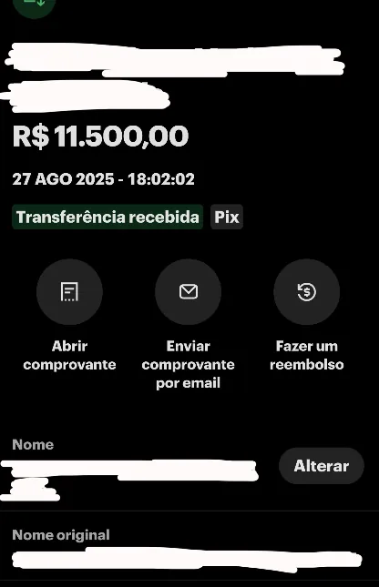 Comprovante de Pix recebido (nome ocultado)