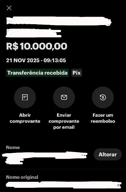 Comprovante de Pix recebido (nome ocultado)