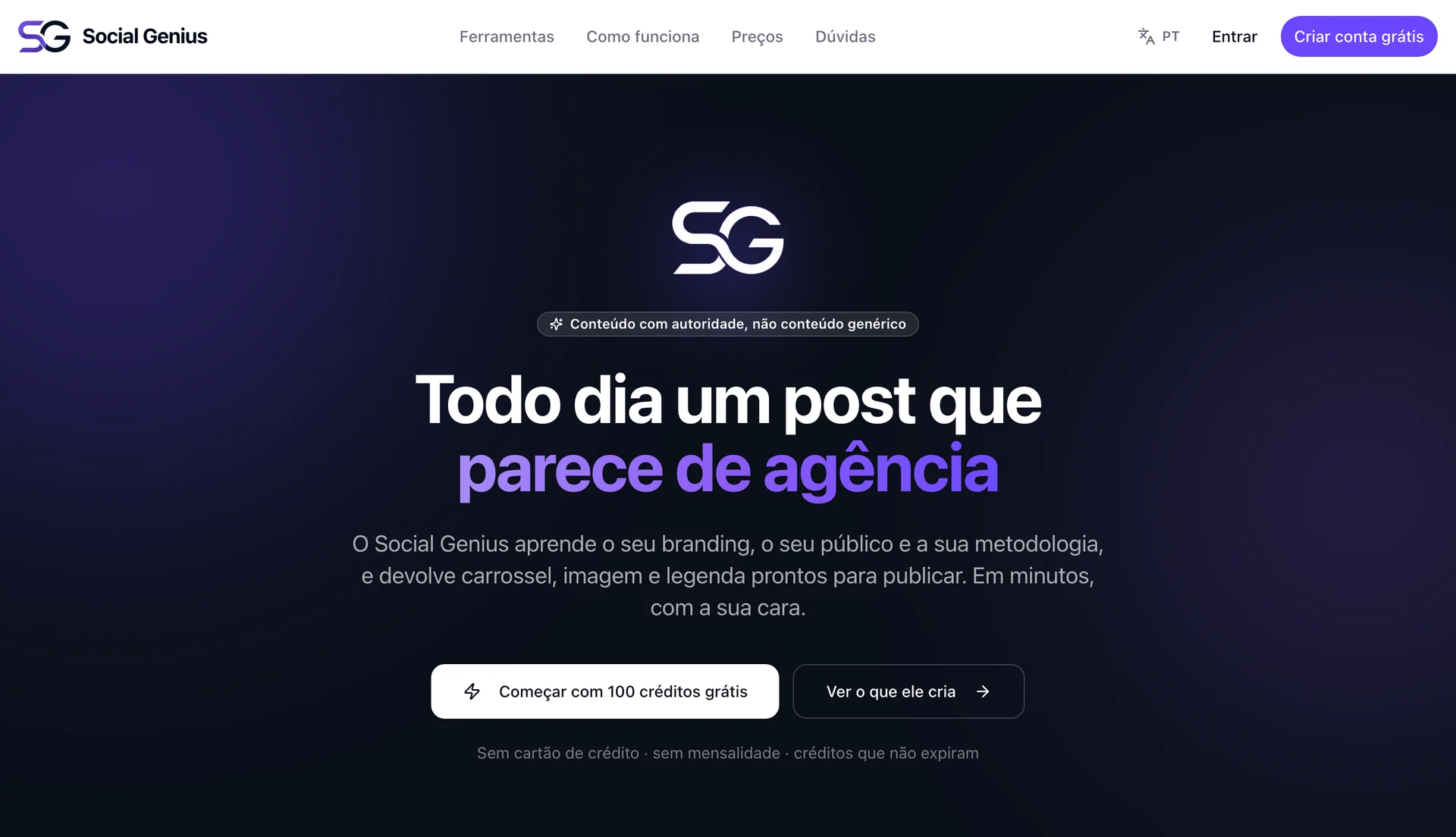 Tela do Social Genius: posts e carrosséis gerados para redes sociais.